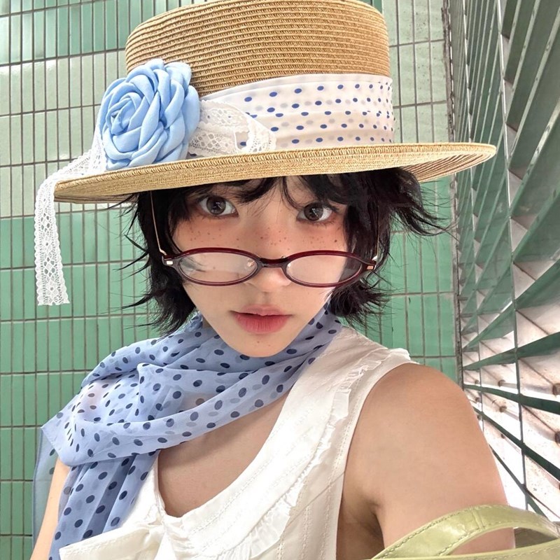 日系小清新蕾丝波点草帽女夏季度假旅游遮阳显脸小平顶花朵礼帽潮