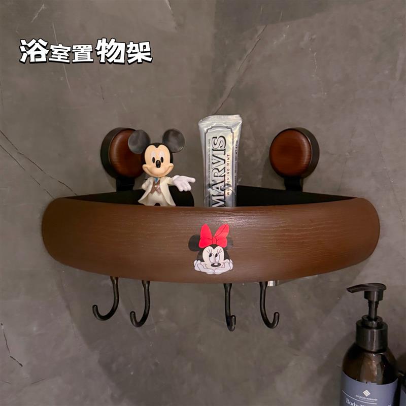 中古风浴室置物架免打孔s三角转角吸盘壁挂式卫生间木纹沐浴收纳