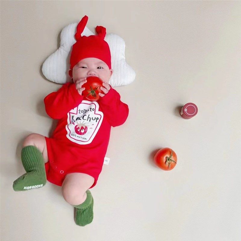 韩版ins春季可爱番茄印花造型哈衣婴儿连体衣男女宝宝百天服爬服