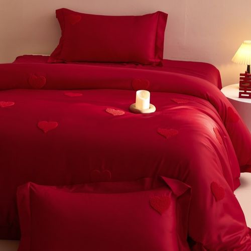 高档中式婚庆四件套大红色喜字床单被套纯棉结婚床上用品婚房陪嫁