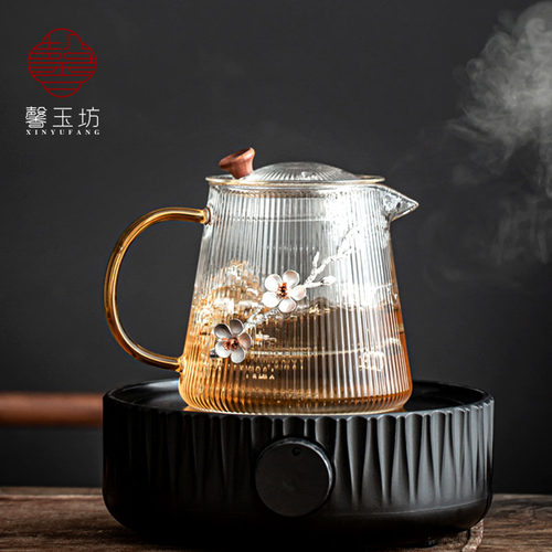 馨玉坊耐高温竖纹玻n璃泡茶壶电陶炉煮茶器家用过滤大容量锡花茶