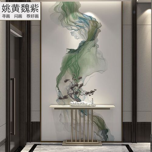 入户迎门墙壁纸新款复式楼挑高背景墙中式极简线条绿色展厅壁布画