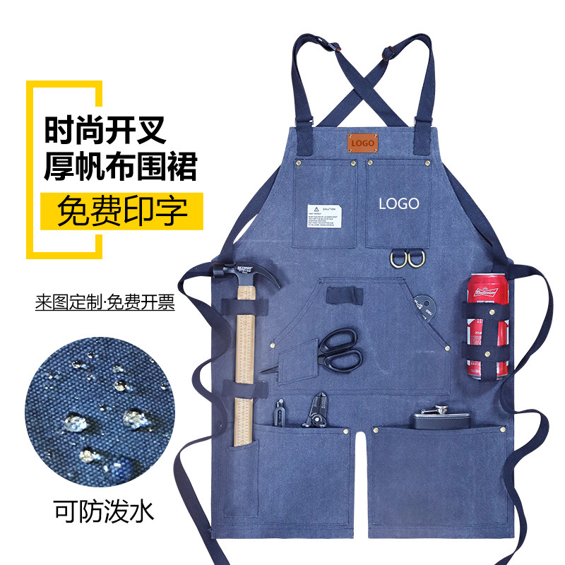 时尚欧美围裙定制logo防水厚帆布背带男女耐磨园艺师手作坊工作服
