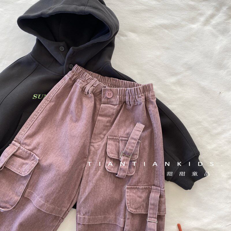 【我是小童】韩版多口袋工装裤男童秋女宝百搭长裤宽松直筒裤