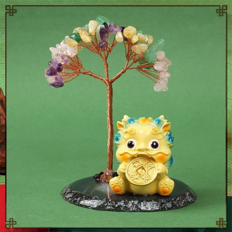 天然黄水晶紫水晶碎石底座发财树客厅旺宅办公貔貅聚宝招财摆件