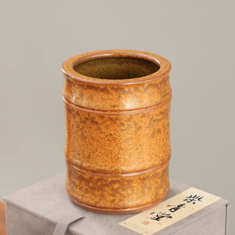 钧窑李峰茶叶g末钛结晶手作茶道六君子收纳手工青瓷窑变青瓷笔筒