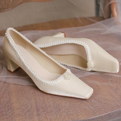 婚鞋法式新款新娘不累脚粗跟方头中跟时尚矮跟婚礼低跟婚宴伴娘鞋