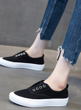 帆布鞋女202g1新款夏季薄款低帮透气百搭学生一脚蹬黑色板鞋乐福