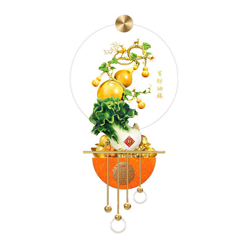 白菜百财图客厅电视格栅装饰挂件新中式葫芦玄关背景墙发光壁画灯