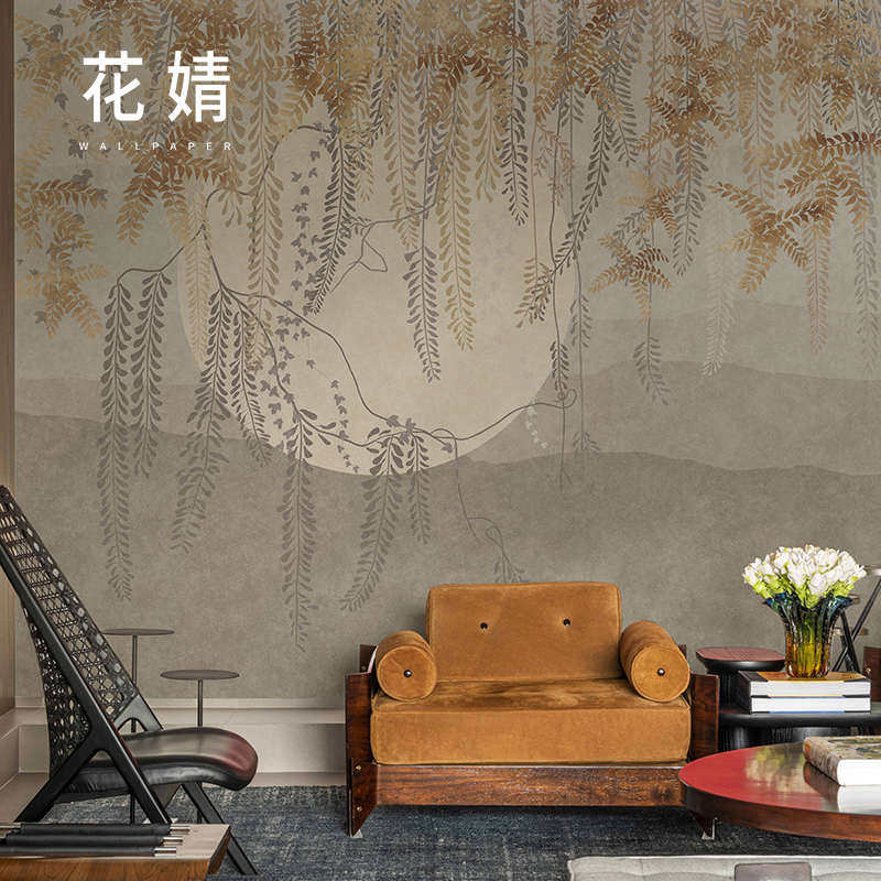壁画影视柳叶背景餐厅布墙卧室中式酒店墙壁定制墙纸无纺布壁纸新