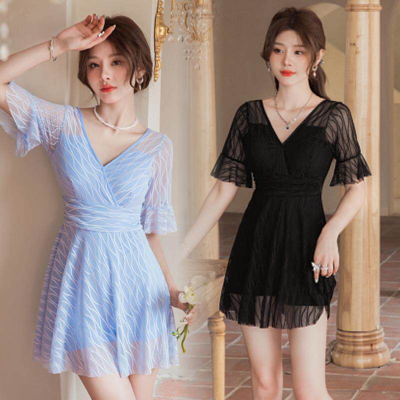 微胖泳衣女遮肉蕾丝遮肚显瘦感风洋气连体裙式泡海边海边泳0826b