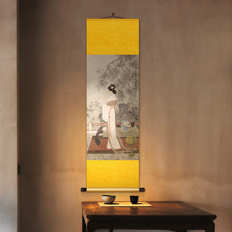 新中式丝绸卷轴挂画仕女读书办公室书房装饰画Q客厅玄关背景墙壁,家居饰品,现代装饰画,淘宝优惠券,粉丝福利购,淘宝优惠卷