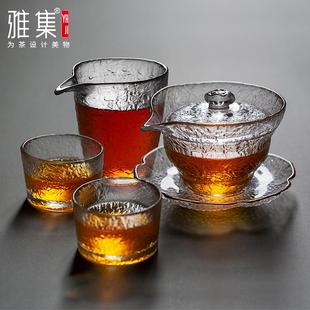 耐热加厚功夫茶具高温盖碗泡茶器茶杯 雅集锤纹玻璃茶具冰丝套装