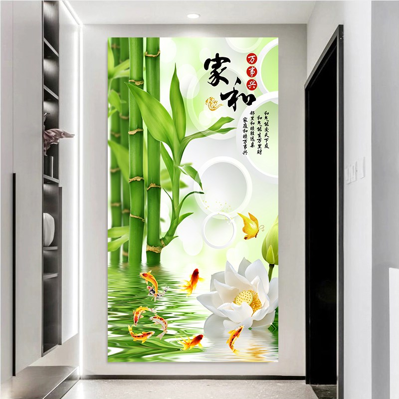 流水生财3D立体玄关简约玄关过道装饰画玻璃门自贴画走廊客厅壁画图片