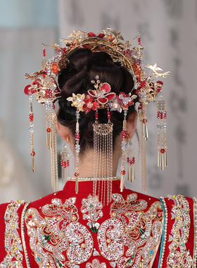 新娘头饰中式红色凤冠蓝色凤凰花朵手工流苏古典秀禾服古装发饰品