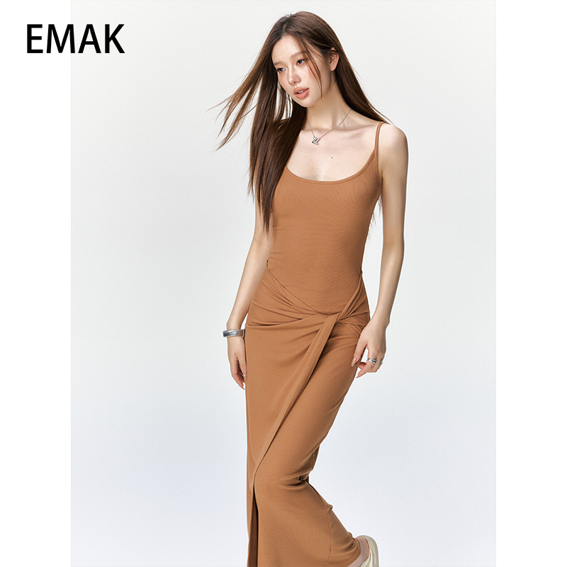 EMAK卡戴珊弹力扭结露背连衣裙女2025夏季修身显瘦针织连衣长裙
