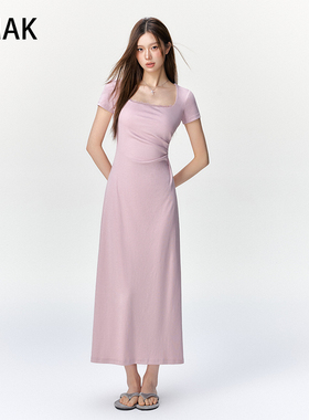 EMAK纯欲蕾丝边领口褶皱短袖连衣裙女春夏jue美温柔长裙