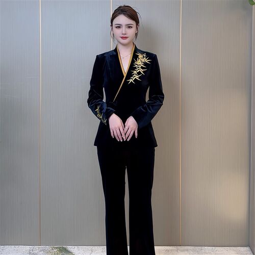 25233-2025早秋新款中式国K风金竹刺绣丝绒套装女