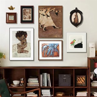 现代简约中古侘寂风装饰席勒小众客厅组合挂画民宿酒店艺术壁画