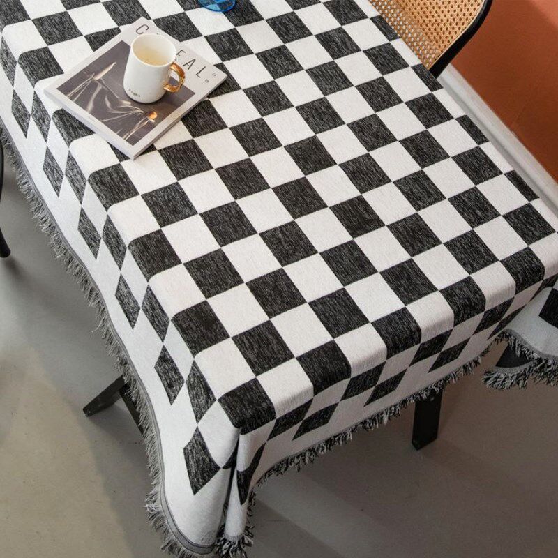 时尚简约加大布艺方桌布黑白格子会议桌圆桌台布防尘盖布蓝色黄色
