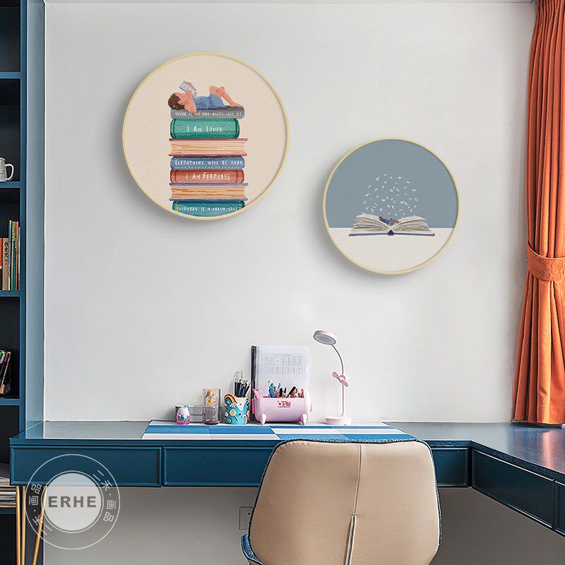 阅读 可爱卡通儿童房装饰画男女孩卧室圆形画阅览室W书房看书挂画