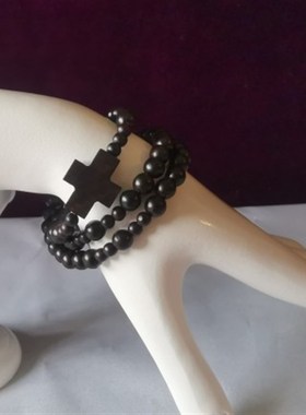 59粒5端天然黑绿红紫檀香木珠弹力绳缠绕十N字架玫瑰串珠手链礼物