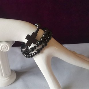 59粒5端天然黑绿红紫檀香木珠弹力绳缠绕十N字架玫瑰串珠手链礼物