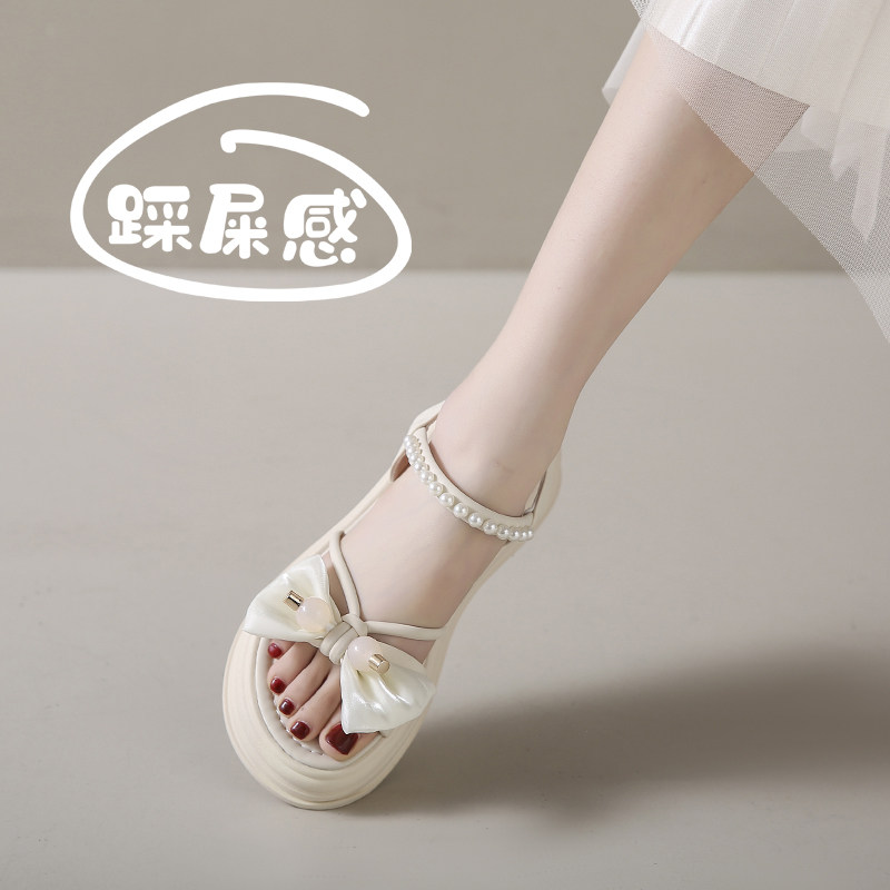 夏季踩屎感凉鞋女2025新款孕妇外穿防滑蝴蝶结脚宽胖软底大码凉鞋