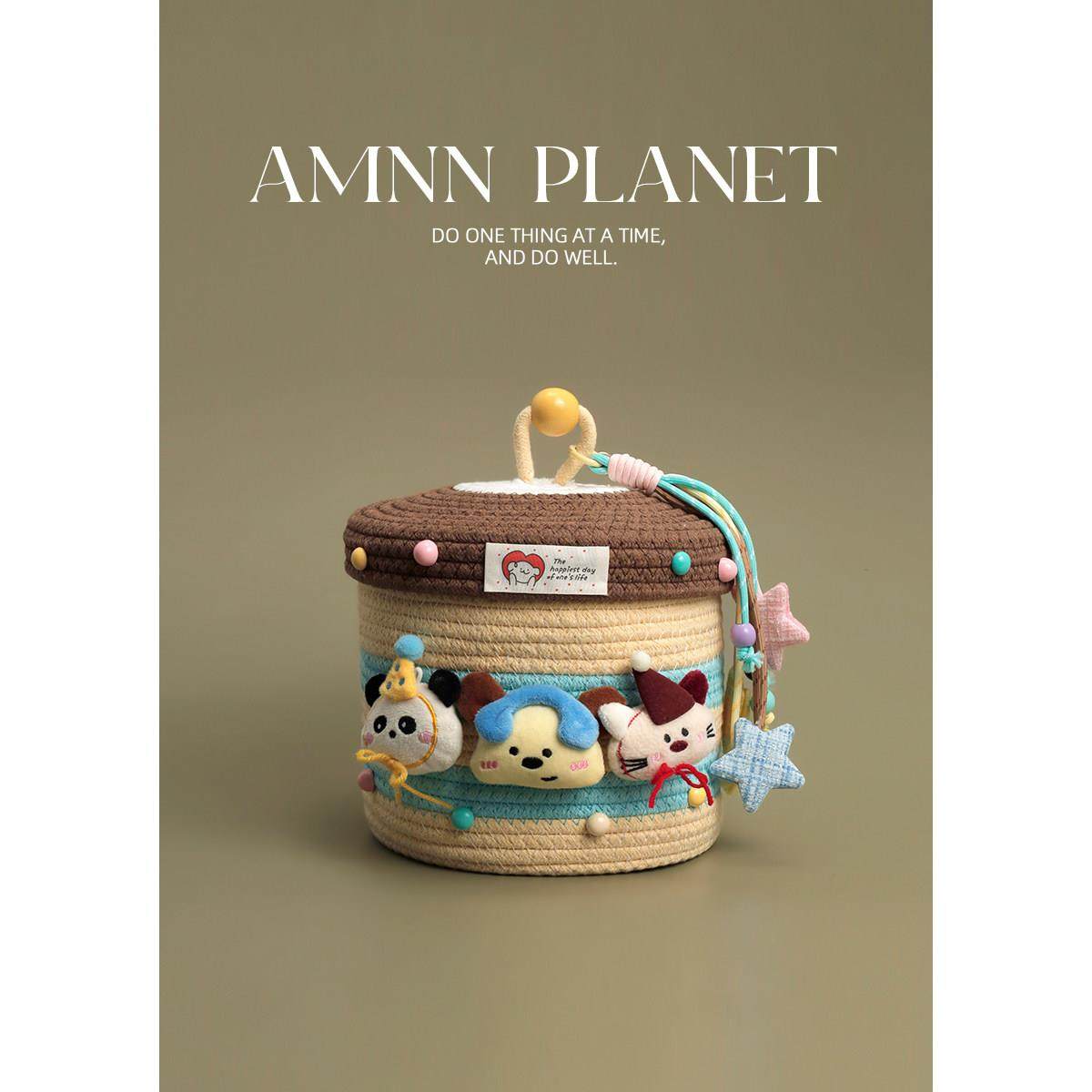 AMNN 玩偶小狗拼色收纳桶可爱大容量带盖子棉线编织杂物零食收纳