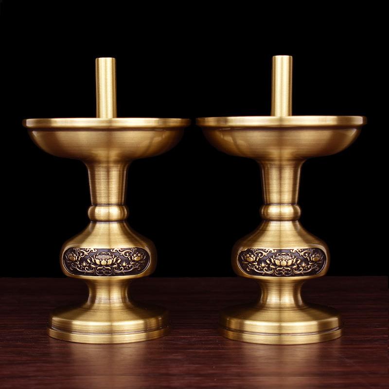 中式蜡烛烛台摆件一对纯黄铜复古老式家用莲花灯供佛祭祖供奉底座