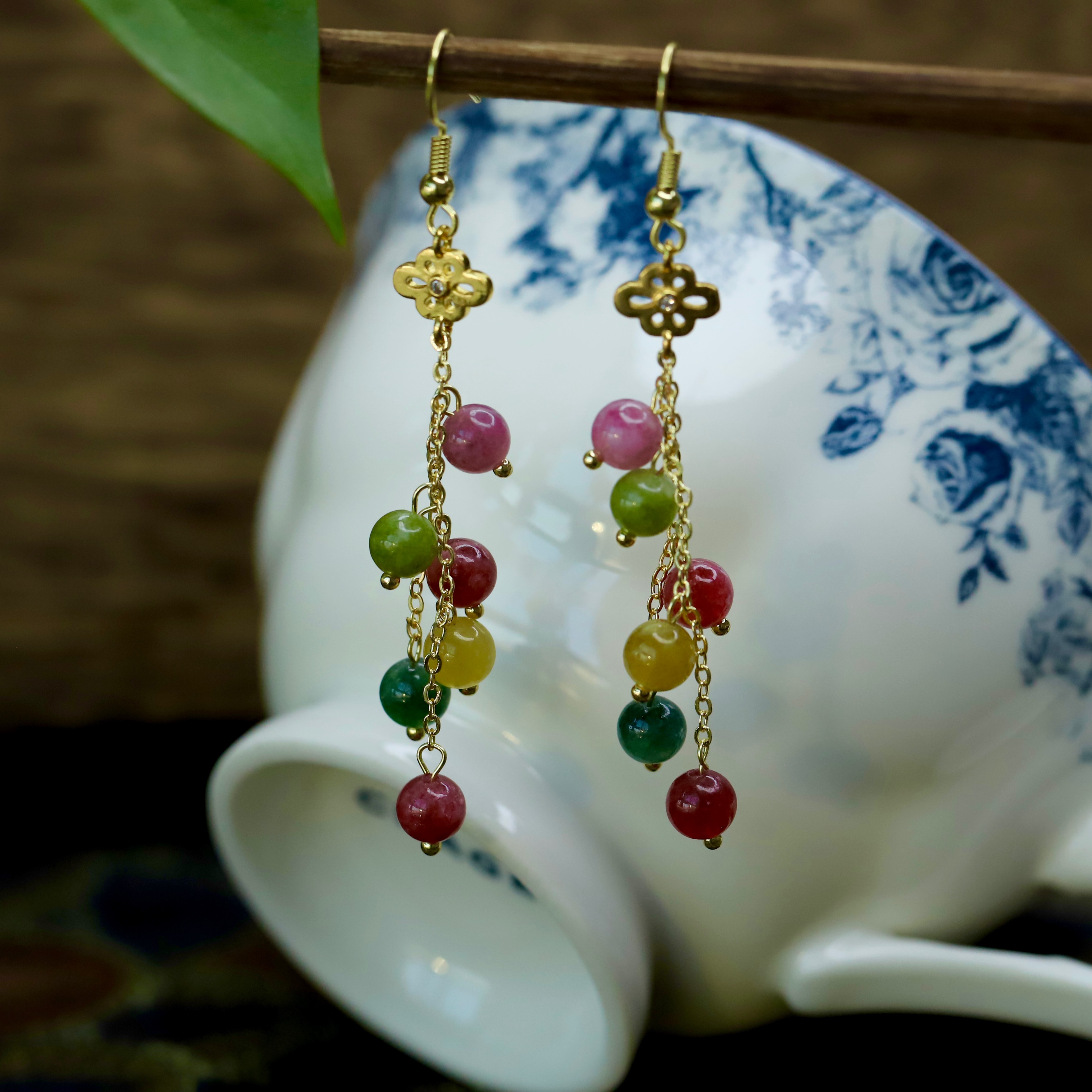 天然碧玺耳环原创新中式彩虹长款