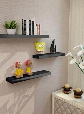 现代黑色实木墙上置物架一字隔板书架搁板置物架电视背景墙装饰架
