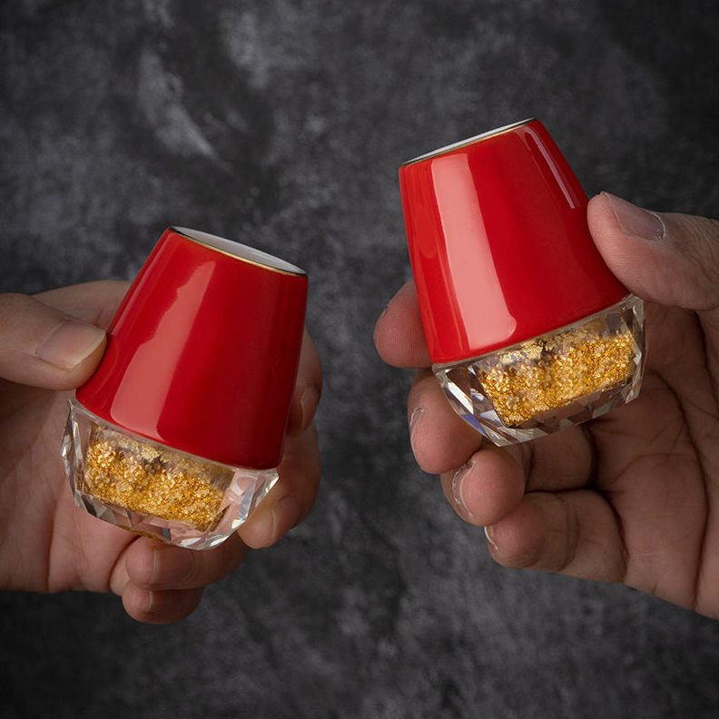 直销中式金箔酒杯陶瓷酒具套装分酒器无铅水晶家用酒具古瓷陶瓷酒