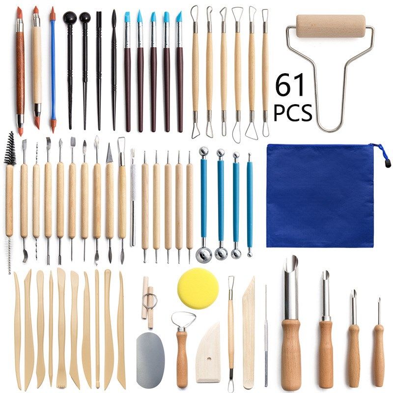 陶泥工具61件套装陶艺打孔w器 硅胶点钻笔 粘土石塑雕刻刀丸棒
