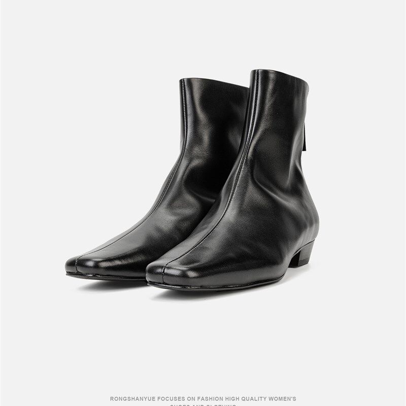 法式软糖瘦瘦小踝靴2025新款方头粗跟洋O气小短靴女B1452