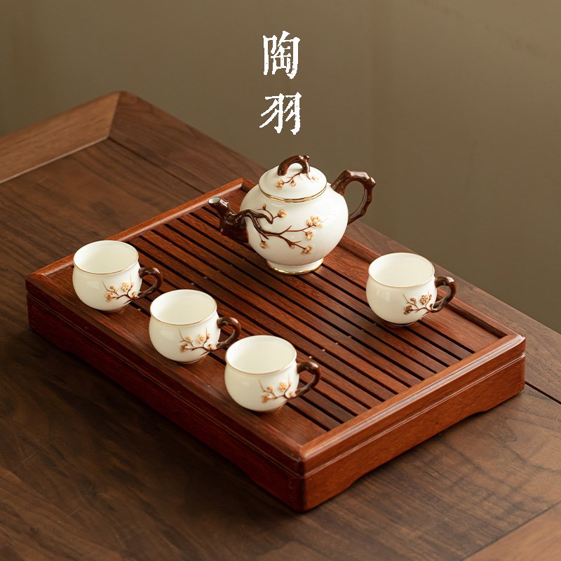 羊脂玉瓷浮雕梅花陶瓷茶壶一壶四杯泡茶壶茶杯带茶U盘功夫茶具套