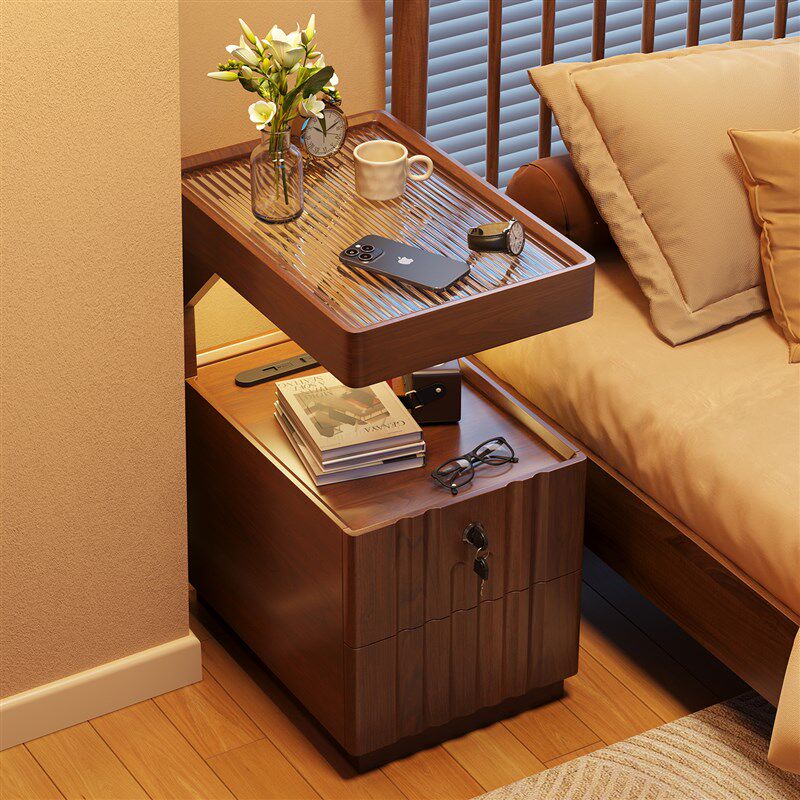 实木窄胡桃床头柜沙发边几边柜客厅家用小户O型新款网红极简玻璃