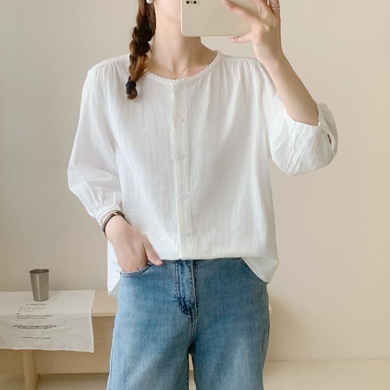 2025夏季文艺小清新甜美蕾x丝花边圆领双层棉纱白衬衫女七分袖学