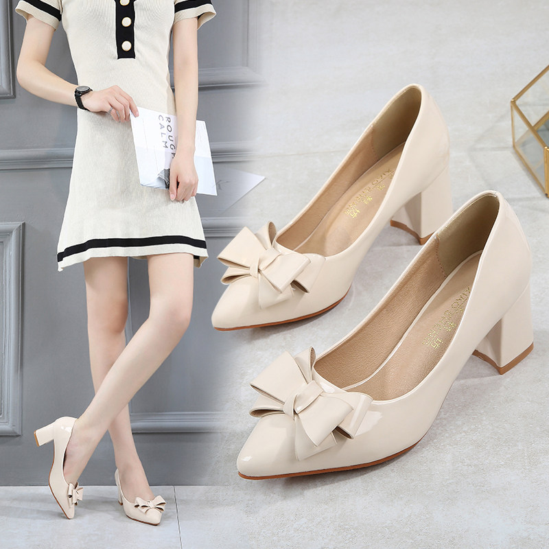 粗跟秋鞋小码31高跟鞋32蝴蝶结单鞋女尖头33粘花仔V女士中跟女网