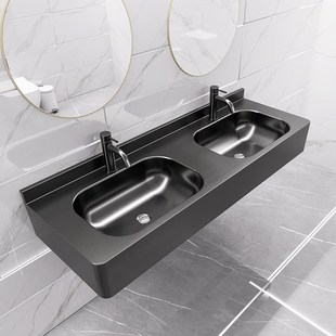 304不锈钢双盆洗手盆挂墙式洗脸盆酒吧KTV酒店厕所双池黑色洗手台