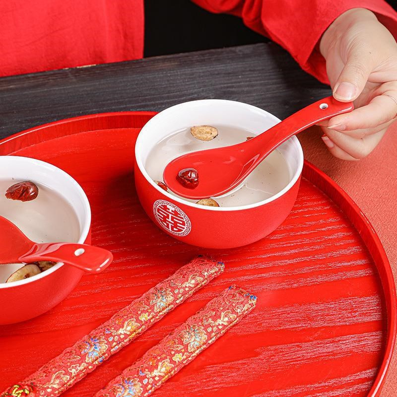 中式结婚敬茶杯套装红色陶瓷改口杯婚庆用品O新婚新人婚礼喜杯盖