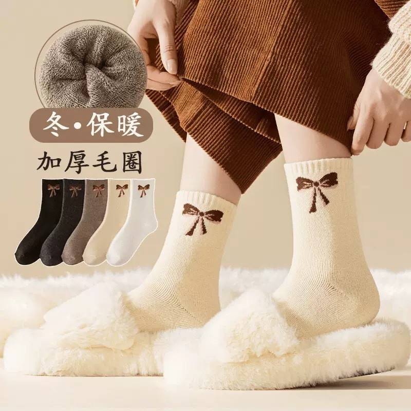 加绒袜子女春秋冬季加厚蝴蝶结