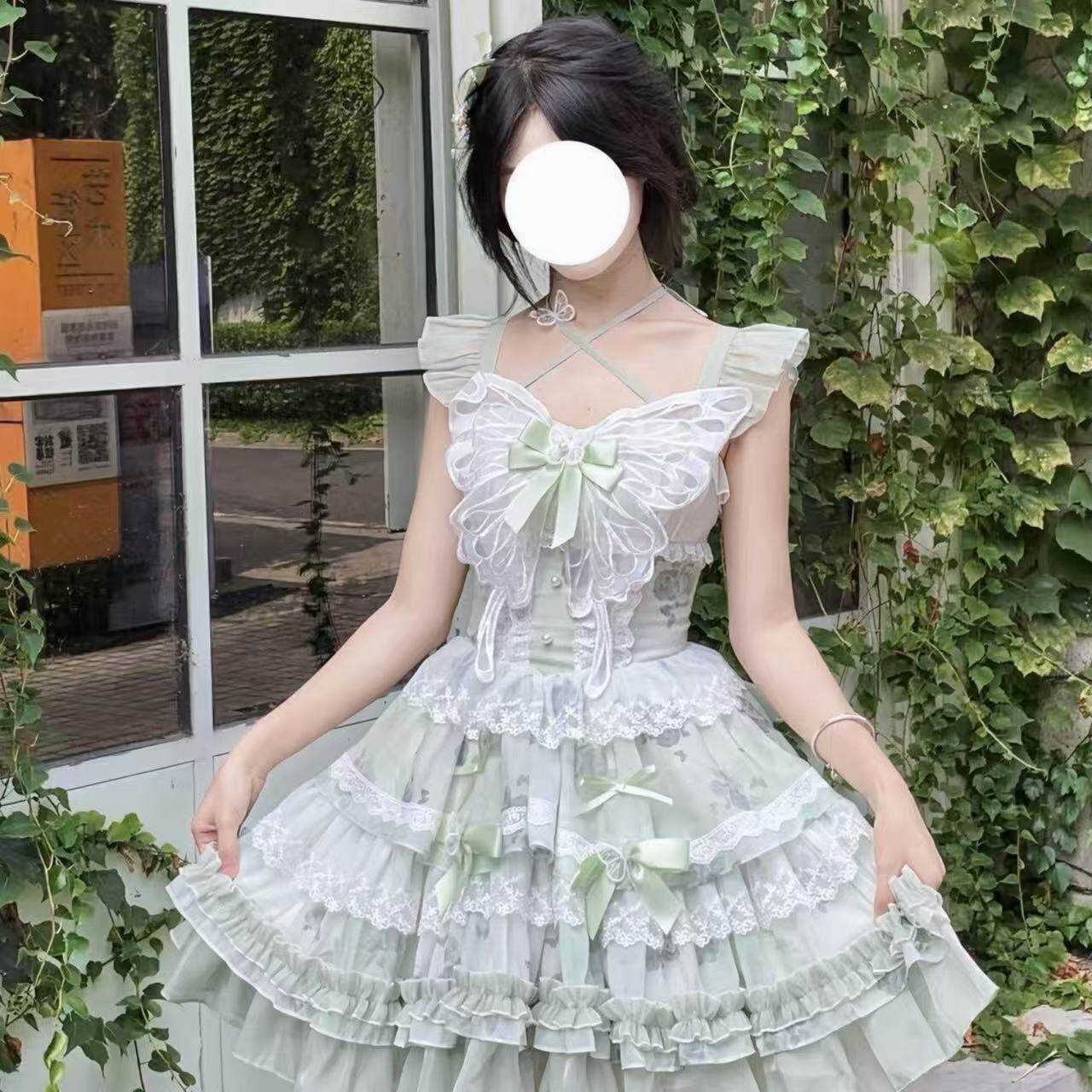 现货花期之约白绿蝴蝶Lolita夏日清新少女可爱洛丽塔公主连衣裙