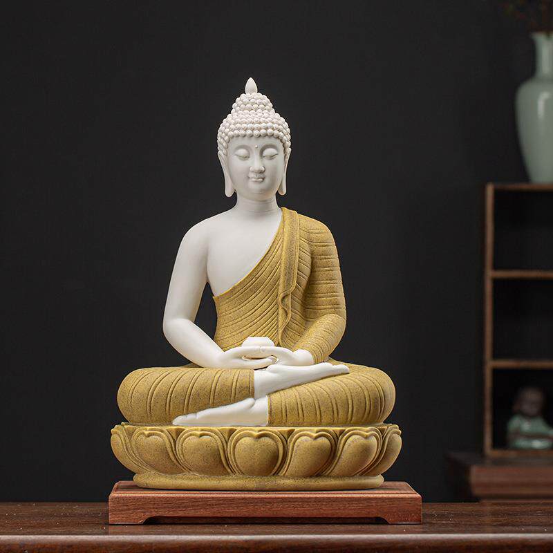 中式陶瓷佛像释迦摩尼阿弥陀佛药师佛如来佛像摆件灯圈三宝佛坐像