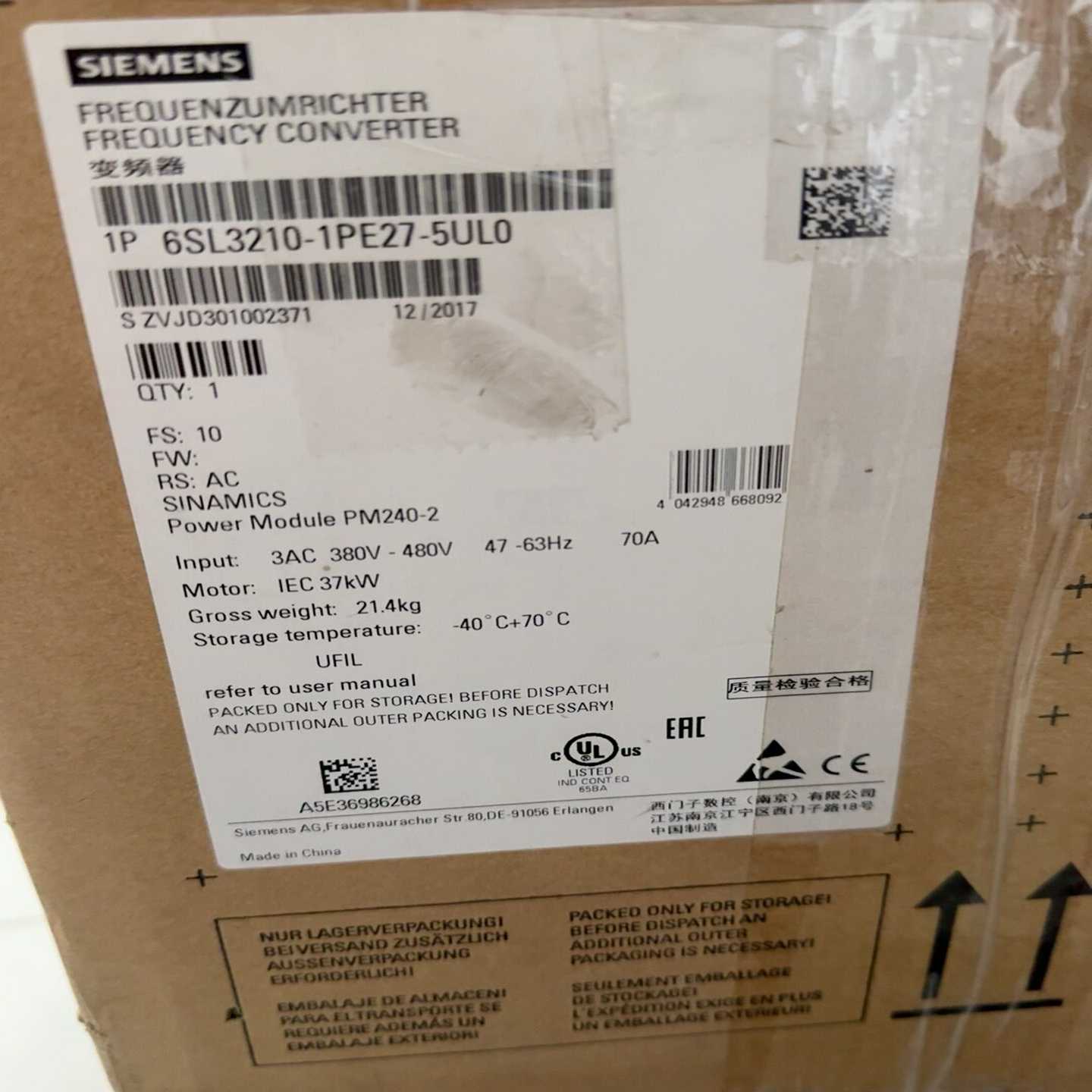 西门子变频器，6SL3210-1PE27-5UL0，全新原装--议价商品