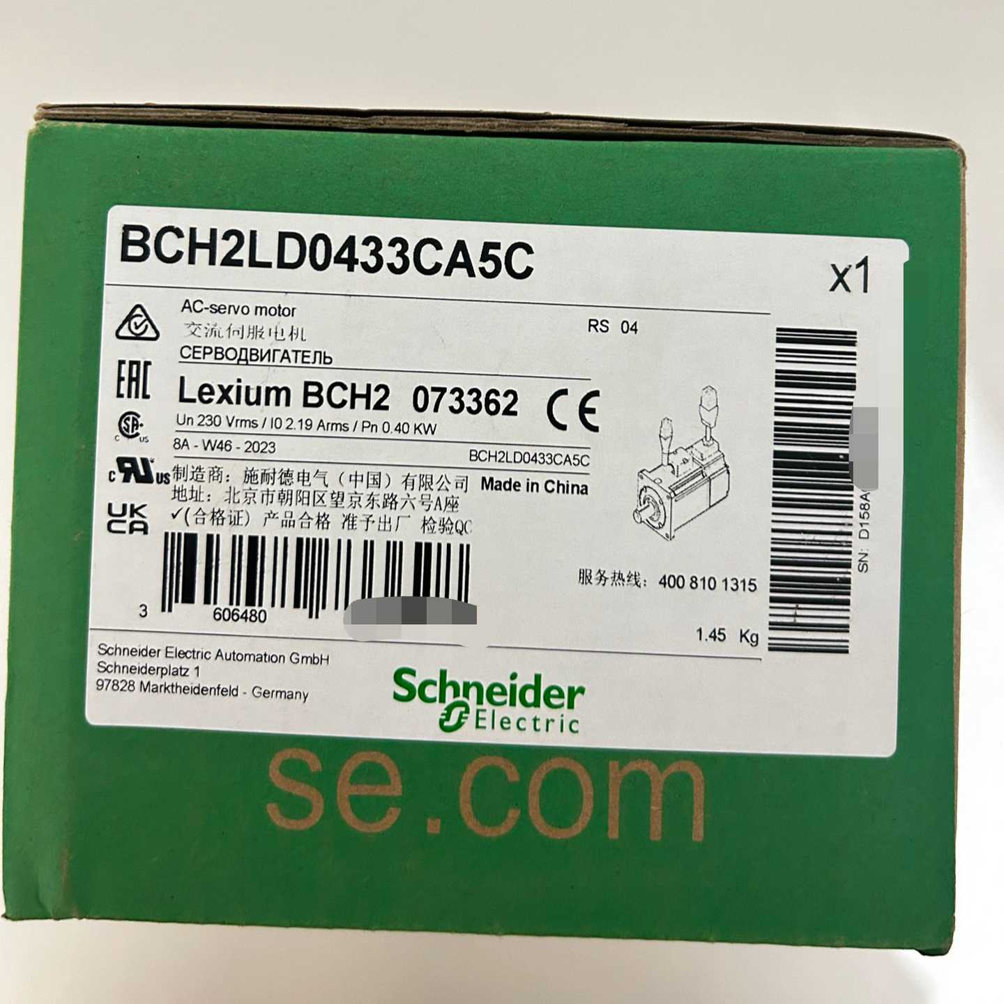 施耐德伺服电机，型号BCH2LD0433CA5C全新未使用，