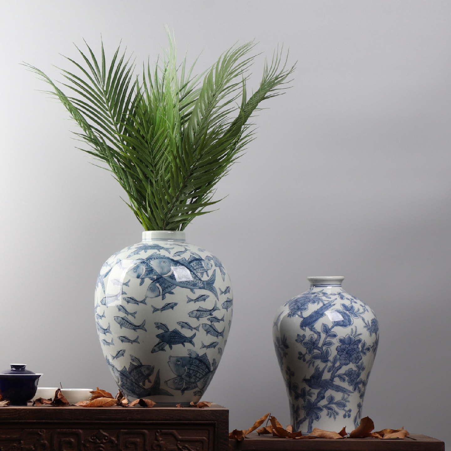中式青花瓷创意插花装饰品客厅样板房布景陶瓷花瓶贴花工艺品摆件