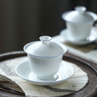 圆融复古甜白三才盖碗景德镇手绘蓝边盖碗茶杯家用茶具陶瓷泡茶器