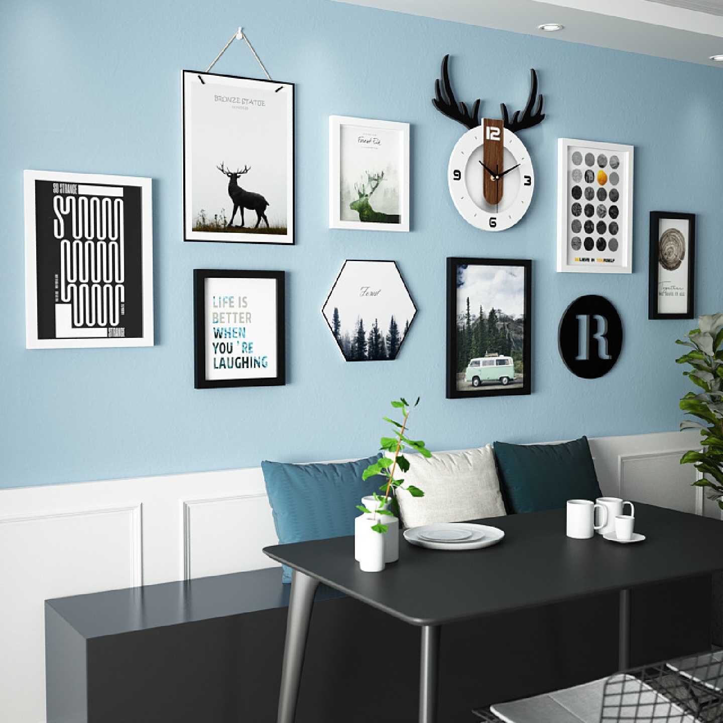 高分子8382现代简约照片墙餐厅北欧组合相框装饰画真钟表可换相片