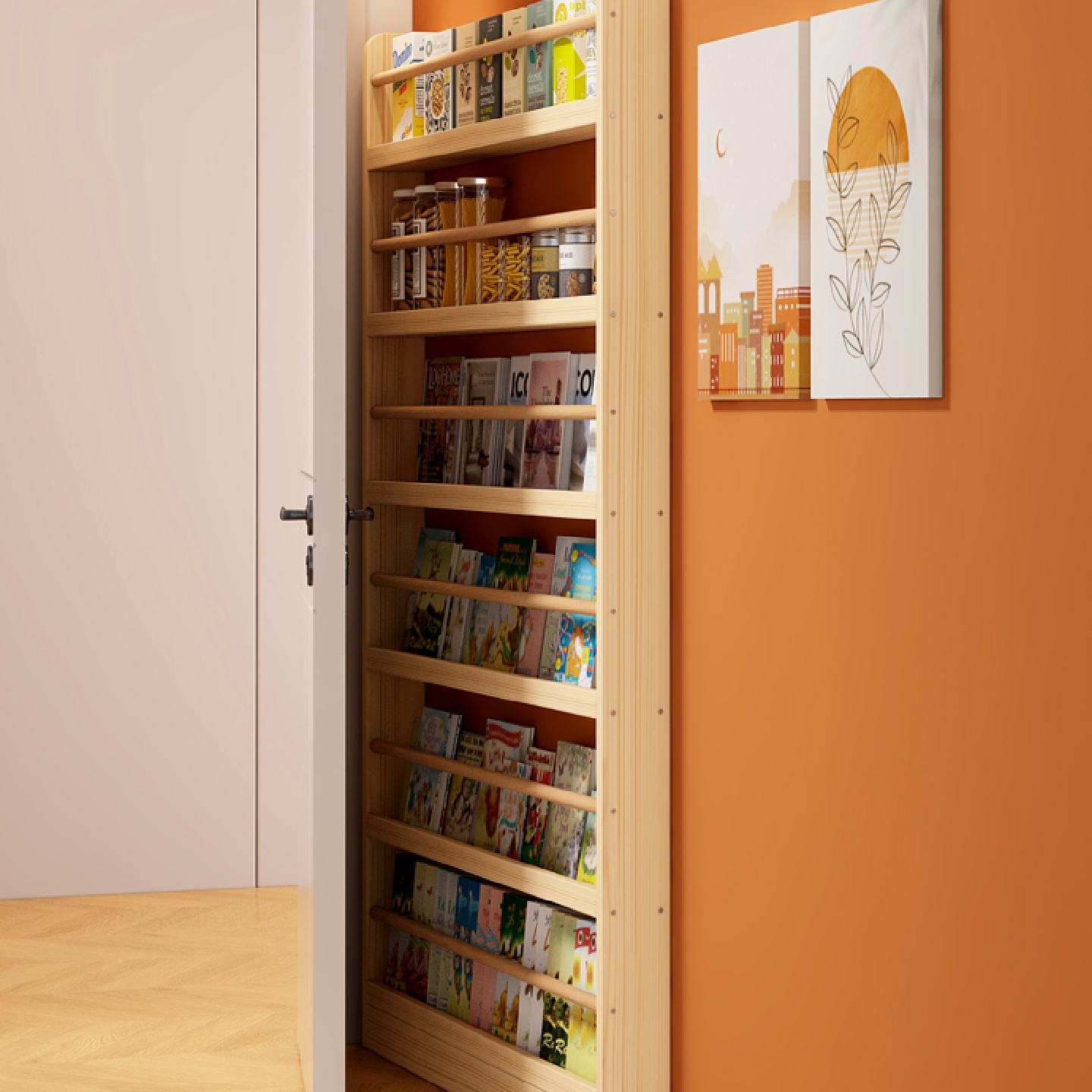 门后收纳柜实木壁挂儿童书架绘本架过道墙边窄柜子夹缝置物架